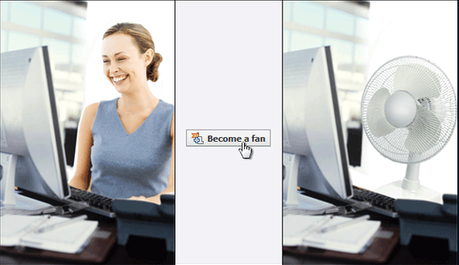 Three panels: woman smiling while looking at computer screen; mouse pointer pointing at 'Become a fan' button from an old version of Facebook; woman has been replaced by a desk fan.