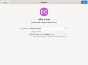 Screenshot of “About You” page from GNOME Initial Setup, showing “Set up parental controls for this user” checkbox (checked)