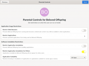 Screenshot of Parental Controls page of GNOME Initial Setup, showing options to restrict which applications can be installed or used