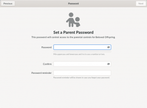 Screenshot of GNOME Initial Setup “Set a Parent Password” page, with two password fields and one password hint field