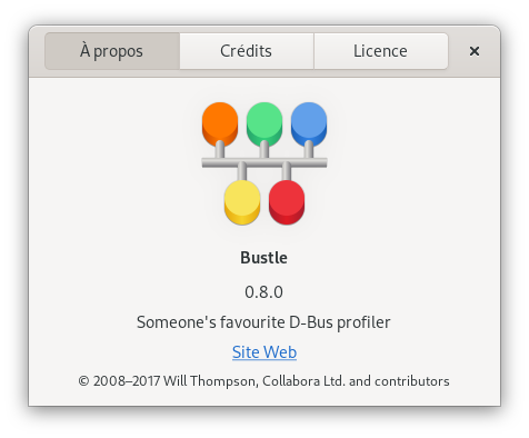 Screenshot of Bustle 0.8.0's About dialog. “Someone's favourite D-Bus profiler”
