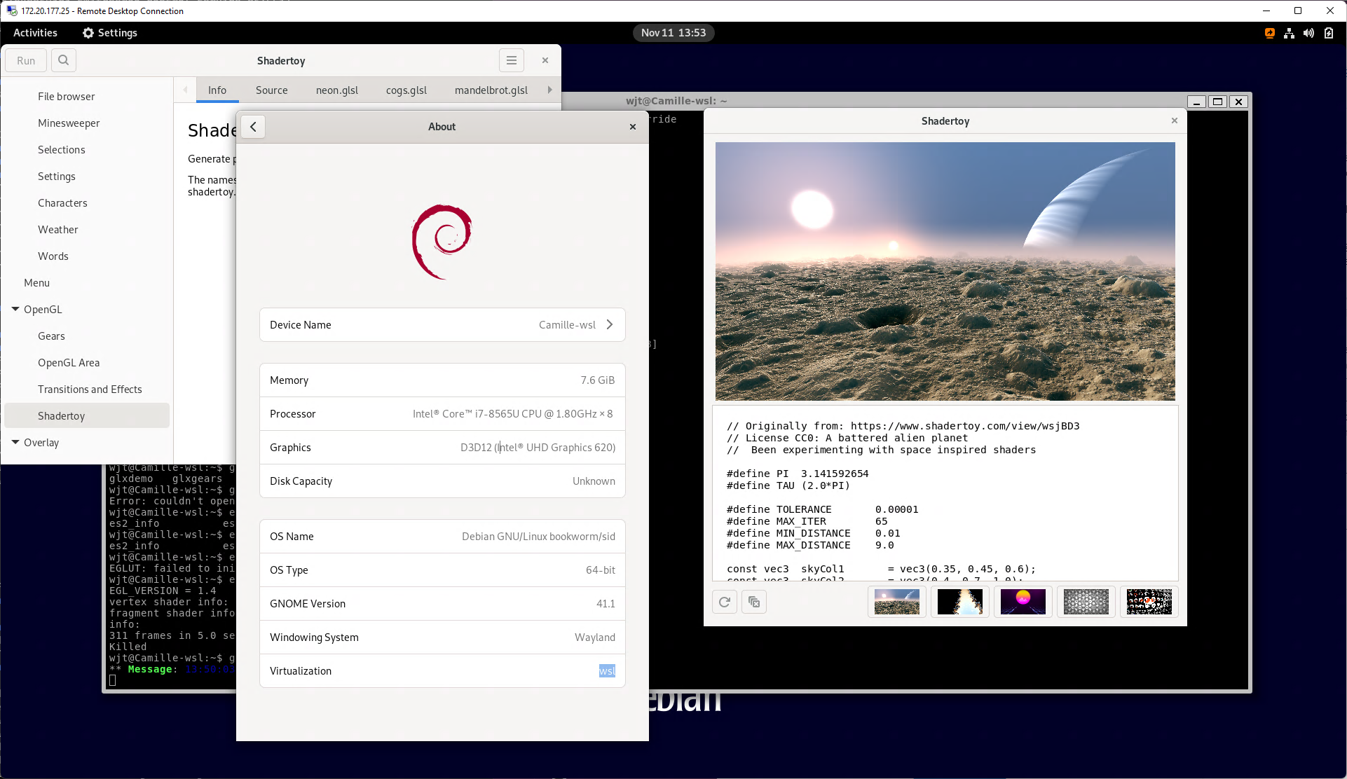 GNOME desktop, accessed over RDP, showing GTK 4's Shadertoy GL demo