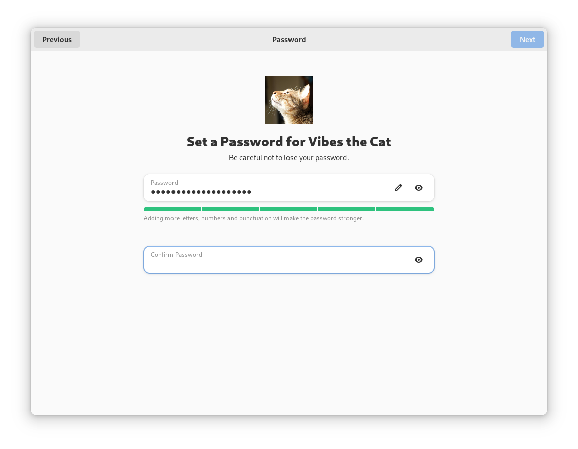 Password page of GNOME Initial Setup. The password fields have inline icons to edit the text and reveal the password.