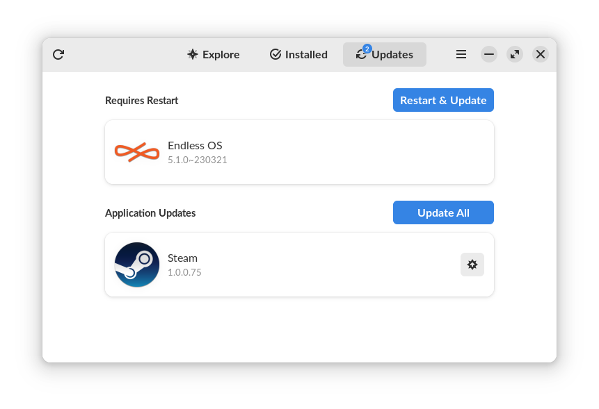 The GNOME Software updates page, showing a minor update for Endless OS with the Endless logo beside it.