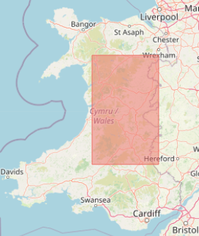 A rectangle superimposed on a map of Wales. It covers a bit less than half of the country.
