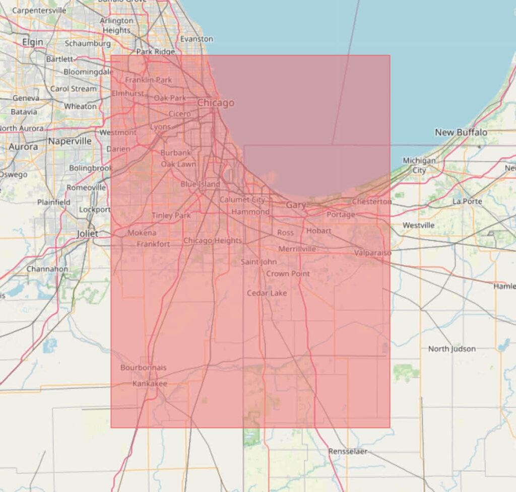 A rectangle superimposed on a map of Chicago. It covers the bulk of the Chicago metropolitan area, as well as some nearby less-populated areas and a body of water.