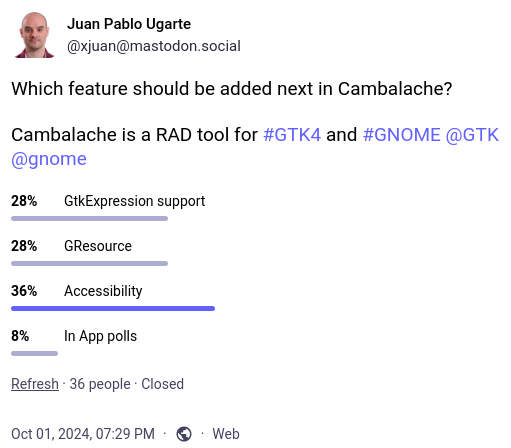 Which feature should be added next in Cambalache? Results: - 28% GtkExpression support - 28% GResource - 36% Accessibility - 8% In App polls