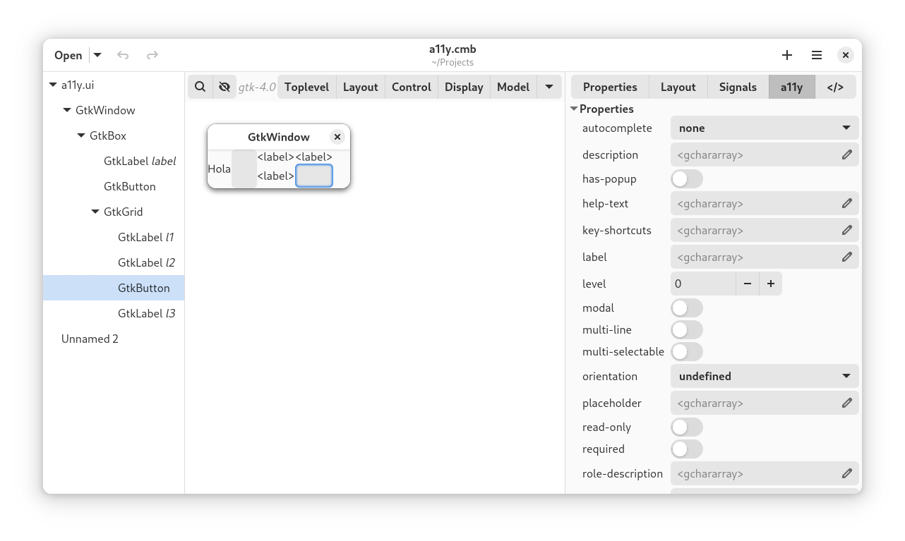 Cambalache screenshot showing A11y tab with all properties